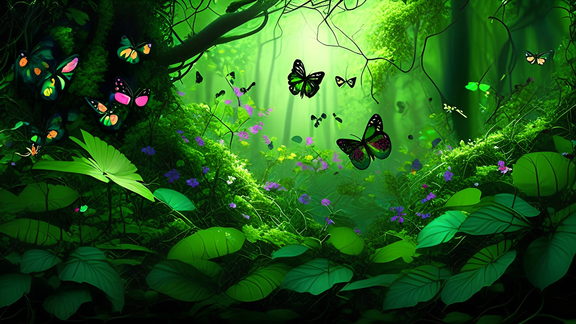 Green forest with the flowers and butterflies ,