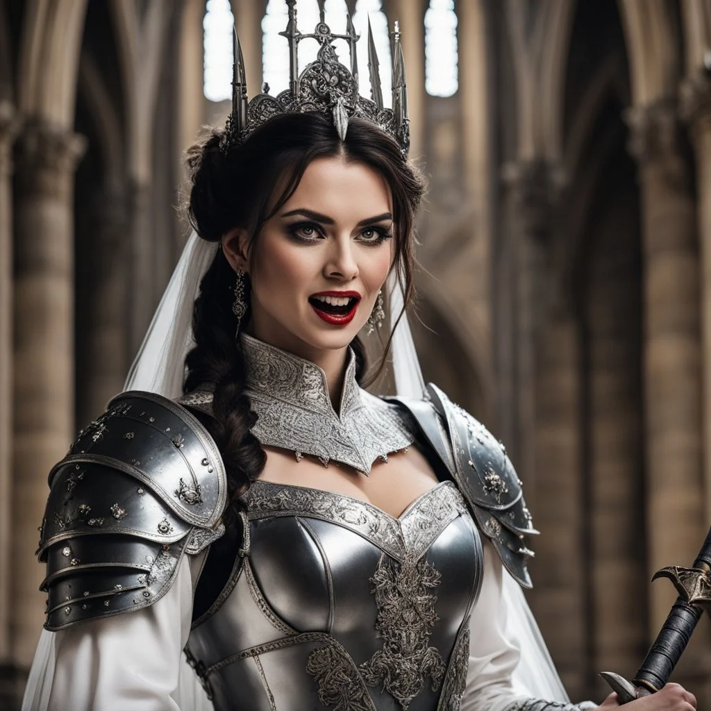 portait of a menacing bride in revealing bloody heavy armour, she holds a wedding rapier, she sticks out her tongue, shows her fangs and gives the finger [scene in a cathedral]