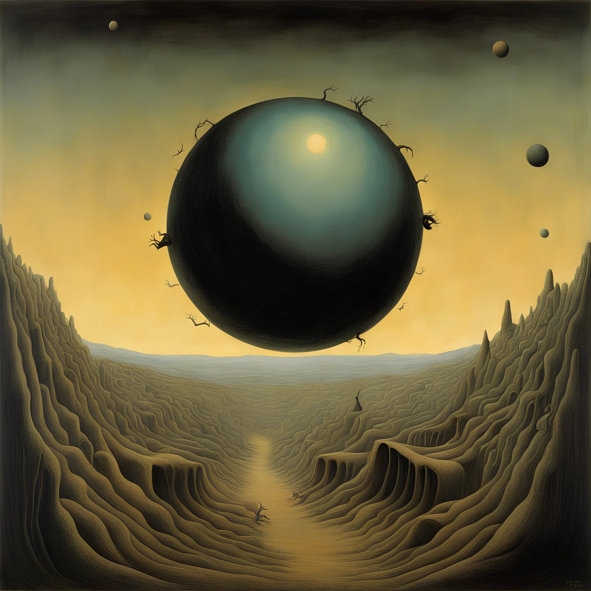 Vivisection of the spheres, creeping crawling in the Hollywood Hills, Bridget Bate Tichenor and Joan Miro and Zdzislaw Beksinski deliver a surreal masterpiece, muted colors, sinister, creepy, sharp focus, dark shines, asymmetric, randomly upside-down elements