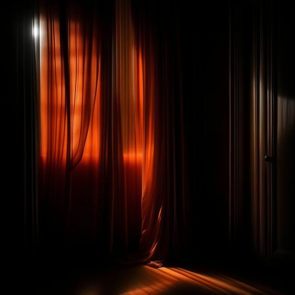 atmospheric deep orange light coming through the curtains of a dark room