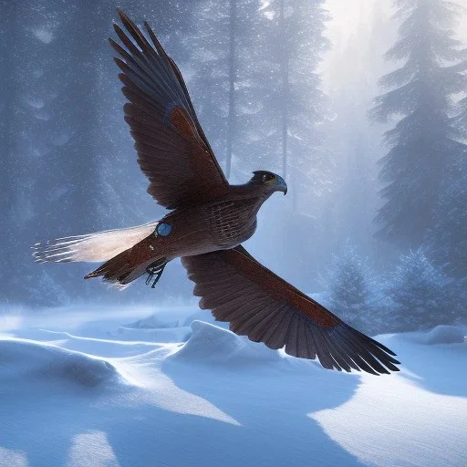 bird of prey, feathers, extremely sharp detail, finely tuned detail, ultra high definition, 8k resolution, dynamic lighting, unreal engine 5, ultra sharp focus, winter landscape, background trees