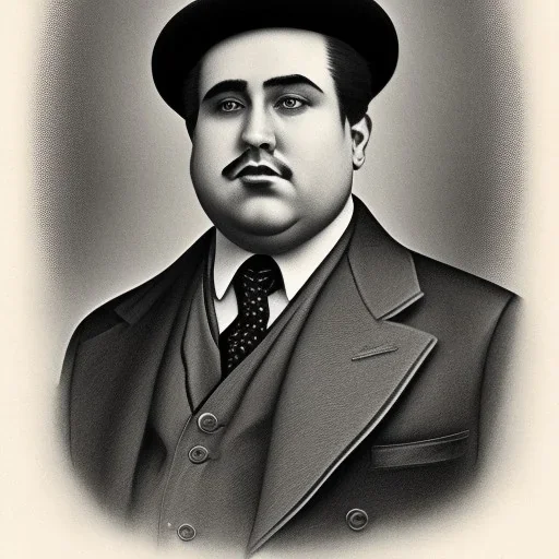 A 1930s Italian-American businessman in his 20s with a bowler hat and a tattered suit. He is obese and has a sad expression on his face. He is facing the screen.