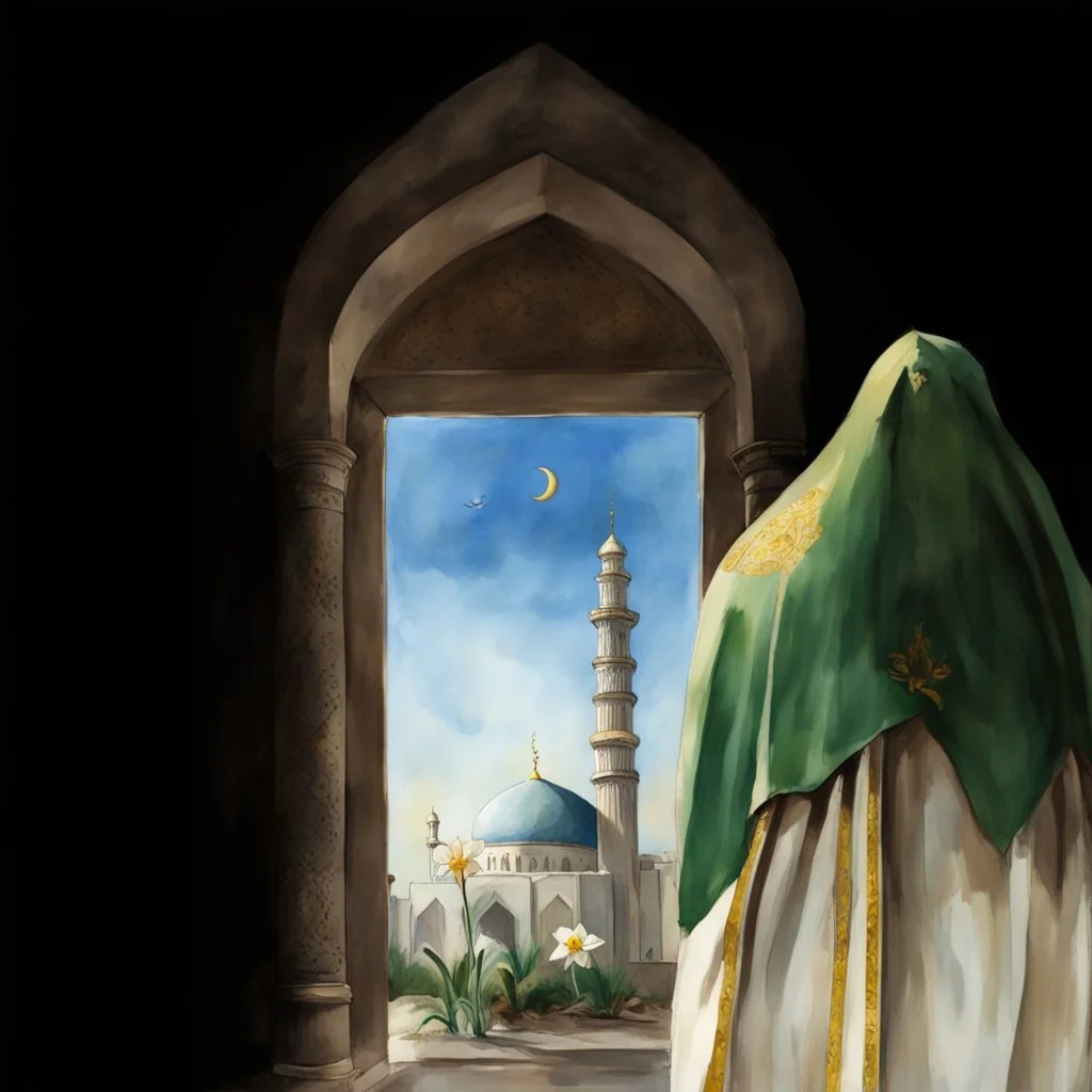 Big person zoom in like the Prophet Muhammad see the jamkaran mosque in Iran has more blue green color and gold for pattern islamic in the dome . one big domes with beautiful lighting . white Daffodil flower in the floor , clouds with small birds in sky with crescent moon of ramdan . painting watercolor ,simple and islamic style , Painting watercolor