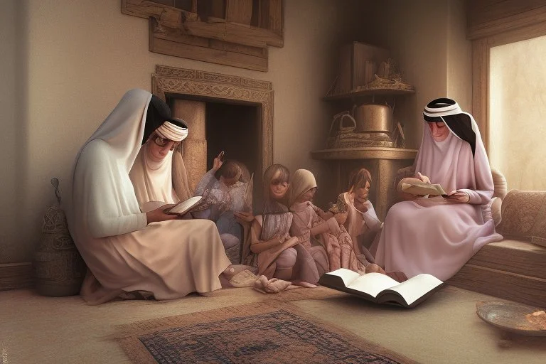 A close-up scene of an Arab mother reading the story from a book with her children around her in the room of the old wooden house near the fireplace 100 years ago.