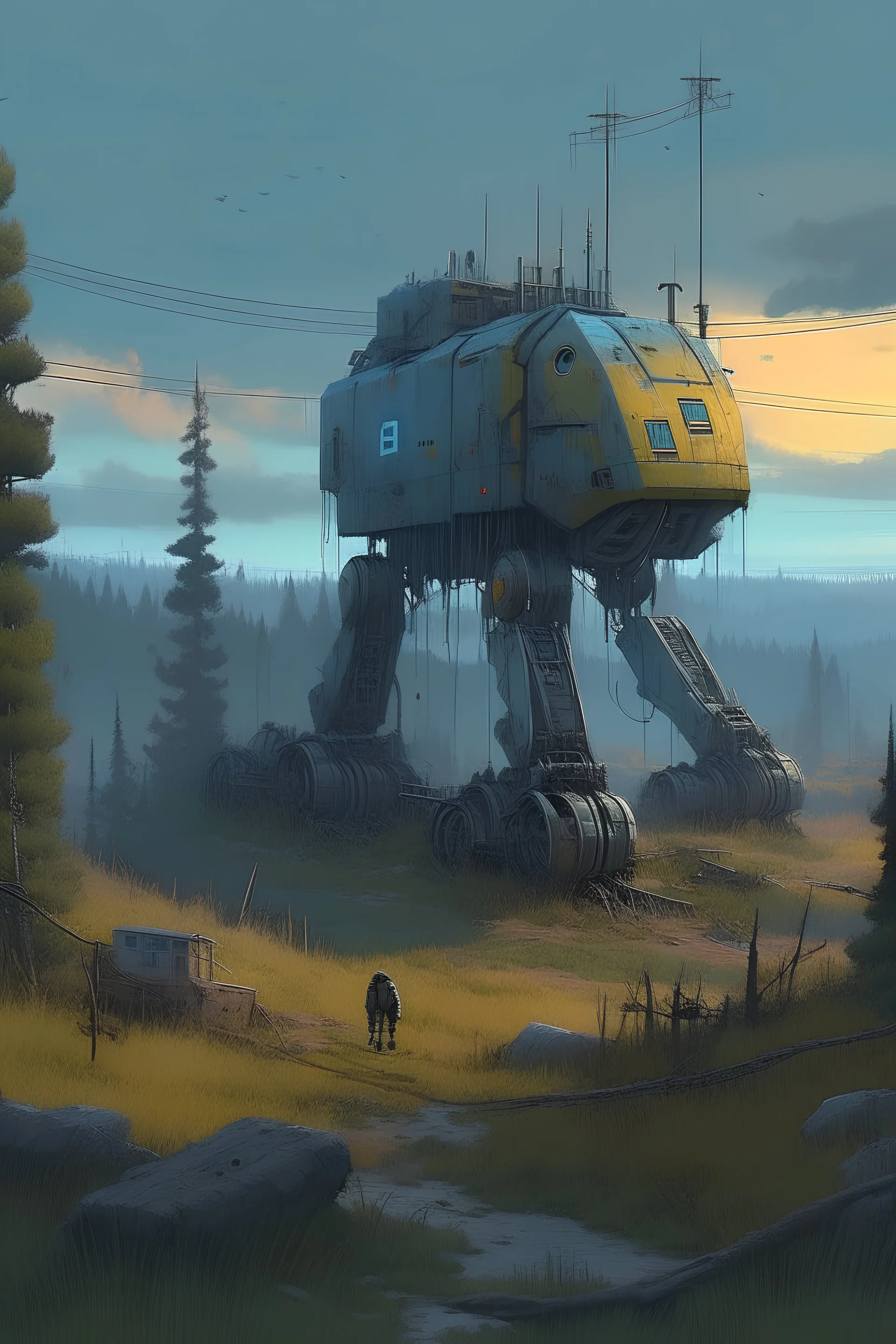 simon stalenhag-esc landscape with a large creepy wrecked robotic