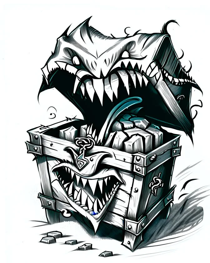 mimic treasure chest with teeth rpg art black and white sketch