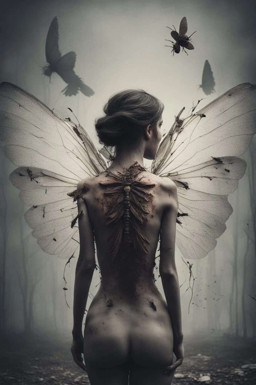 a haunting image of a woman with insect wings protruding from her back as she faces away from us, in despair and pain, her wings that are broken torn and crumbling