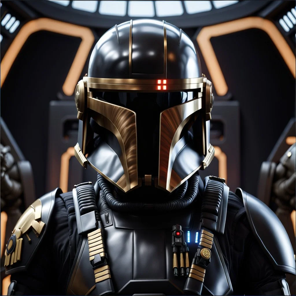 star wars bald male corellian pilot wearing dark gunmetal grey and black First Order special forces TIE pilot armored flightsuit and helmet with gold trim inside the jedi temple, centered head and shoulders portrait, hyperdetailed, dynamic lighting, hyperdetailed background, 8k resolution, volumetric lighting, light skin, fully symmetric details