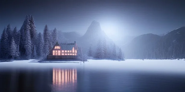 small house, windows light, heavy snow, mountain, big blue lake water, night