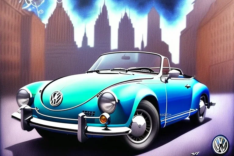 a true-to-life Volkswagen Karmann Ghia Cabrio, centered, intricate, extreme detailed, photorealism, center view, city background, pivot on volkswagen, pen and color marker painting by cheryl kelley