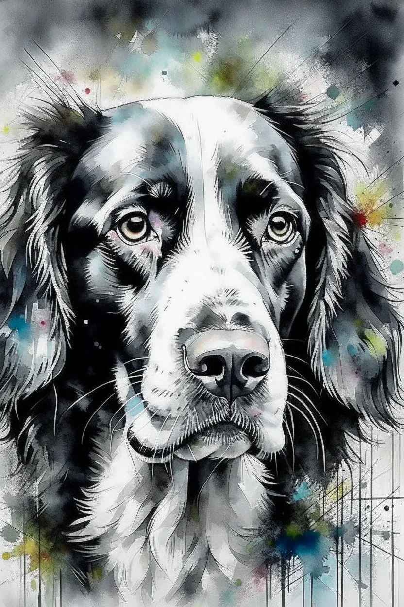 A portrait of a springer spaniel by Agnes Cecile, Willem Haenraets, loose watercolour, wet on wet and splattering and dripping techniques, centred, perfect composition, abstraction, grey and cream