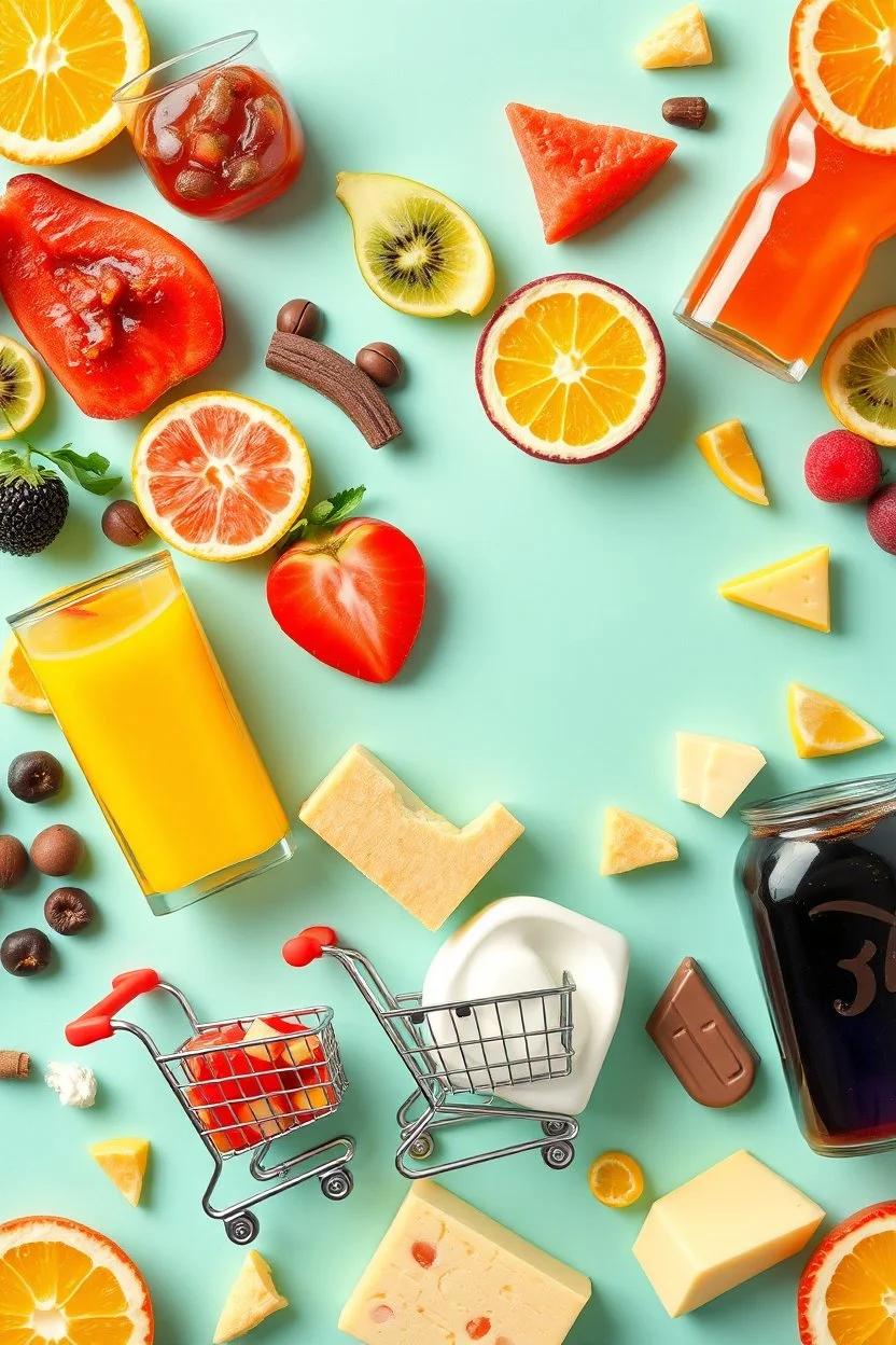 A design filled with various fruit juices, tropical fruit slices, chips, soda, various chocolates, shopping carts, cheese, butter, pasteurized milk, and dairy products in bright, cheerful, and eye-catching colors.