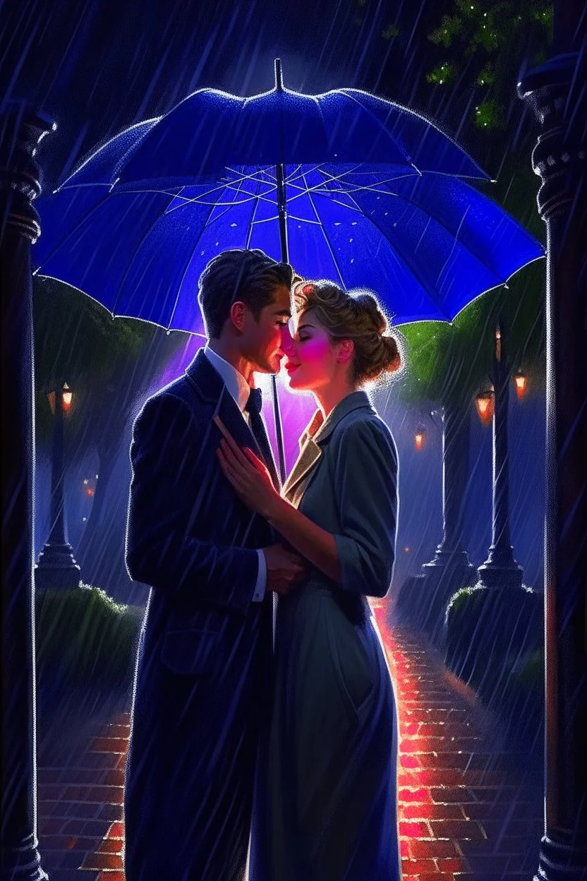 a young and beautiful 1912 woman and a young and handsome 1912 royal navy reserve officer kissing in the pouring rain in a park at night in a as he holds an umbrella., digital painting, digital illustration, extreme detail, digital art, 4k, ultra hd, glen keane, claire keane, realism