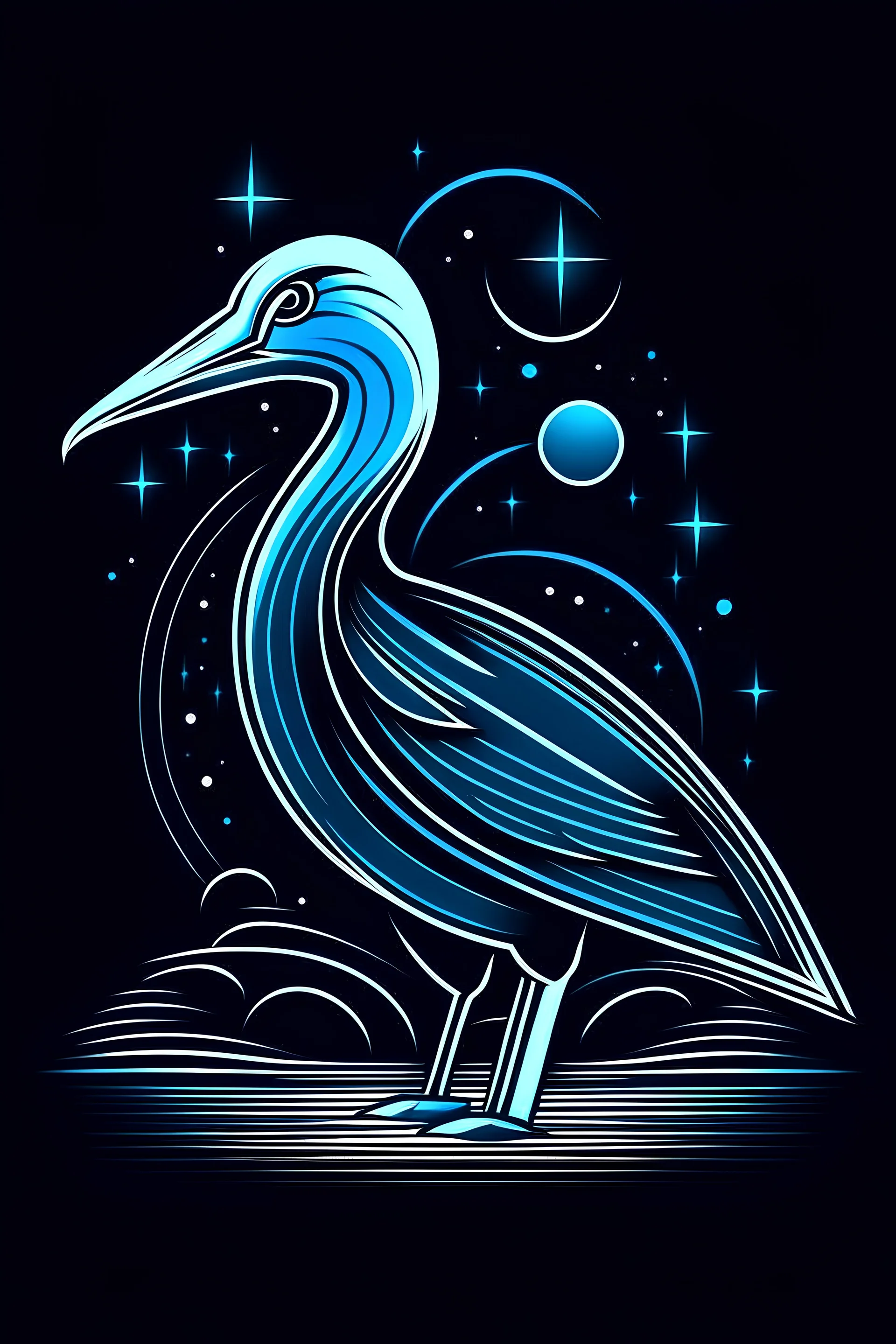 A sleek, silver Albatrosst with a single, neon fin, cruising through a starry night sky. Style: Art Deco, Mood: Mysterious and Glamorous, Lighting: Deep blue with neon highlights, T-shirt design graphic, vector, contour, white background.