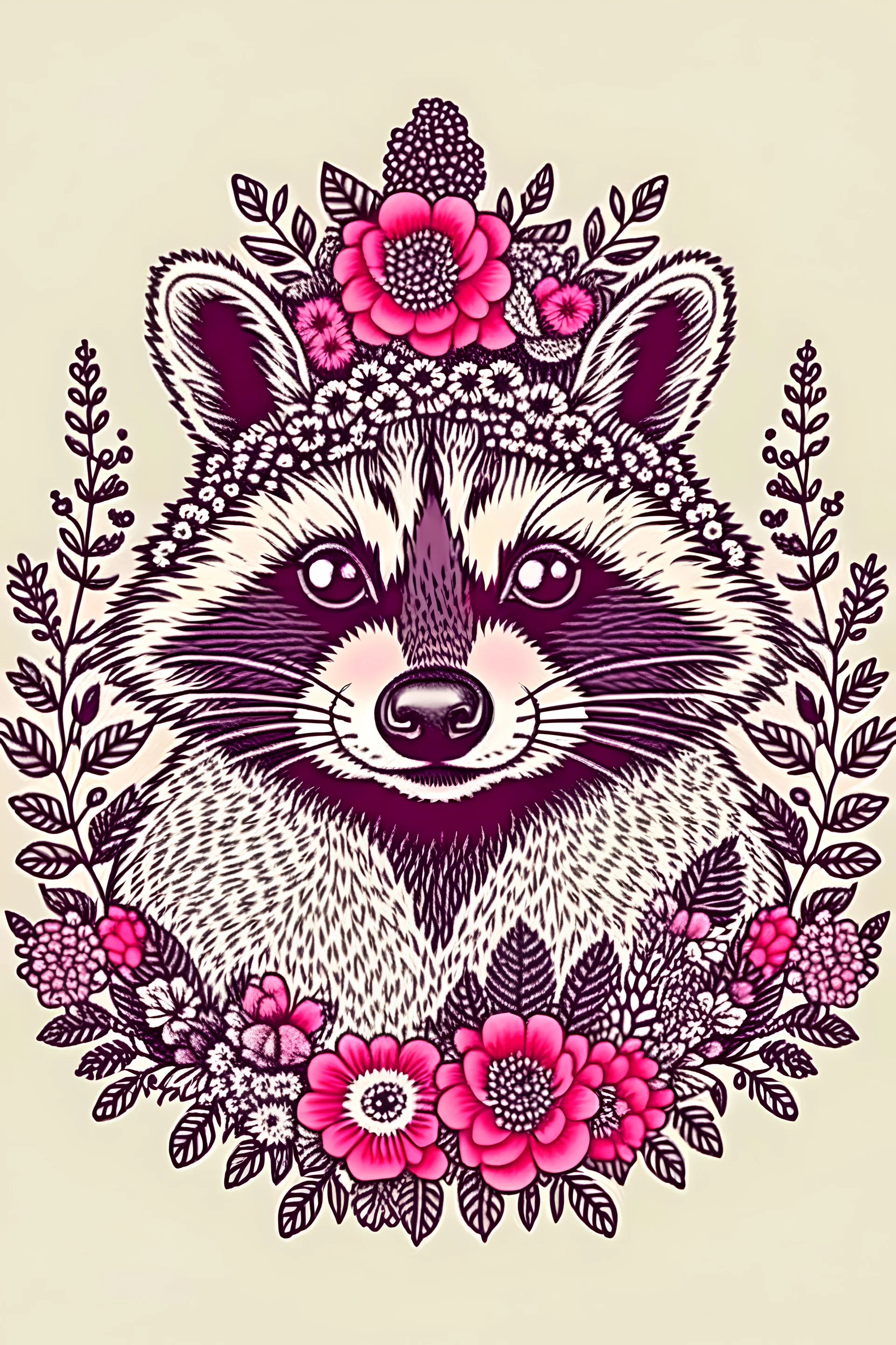 Retrato de um racoon em estilo renascentista com uma coroa de flores