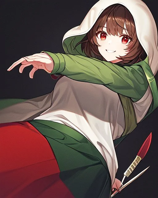 A character with short brown hair, red eyes who wears a green blouse open with its hood, below the blouse a white shirt, holds a bright red knife, smiles madly, dark background Very dark and HQ art and painting style.