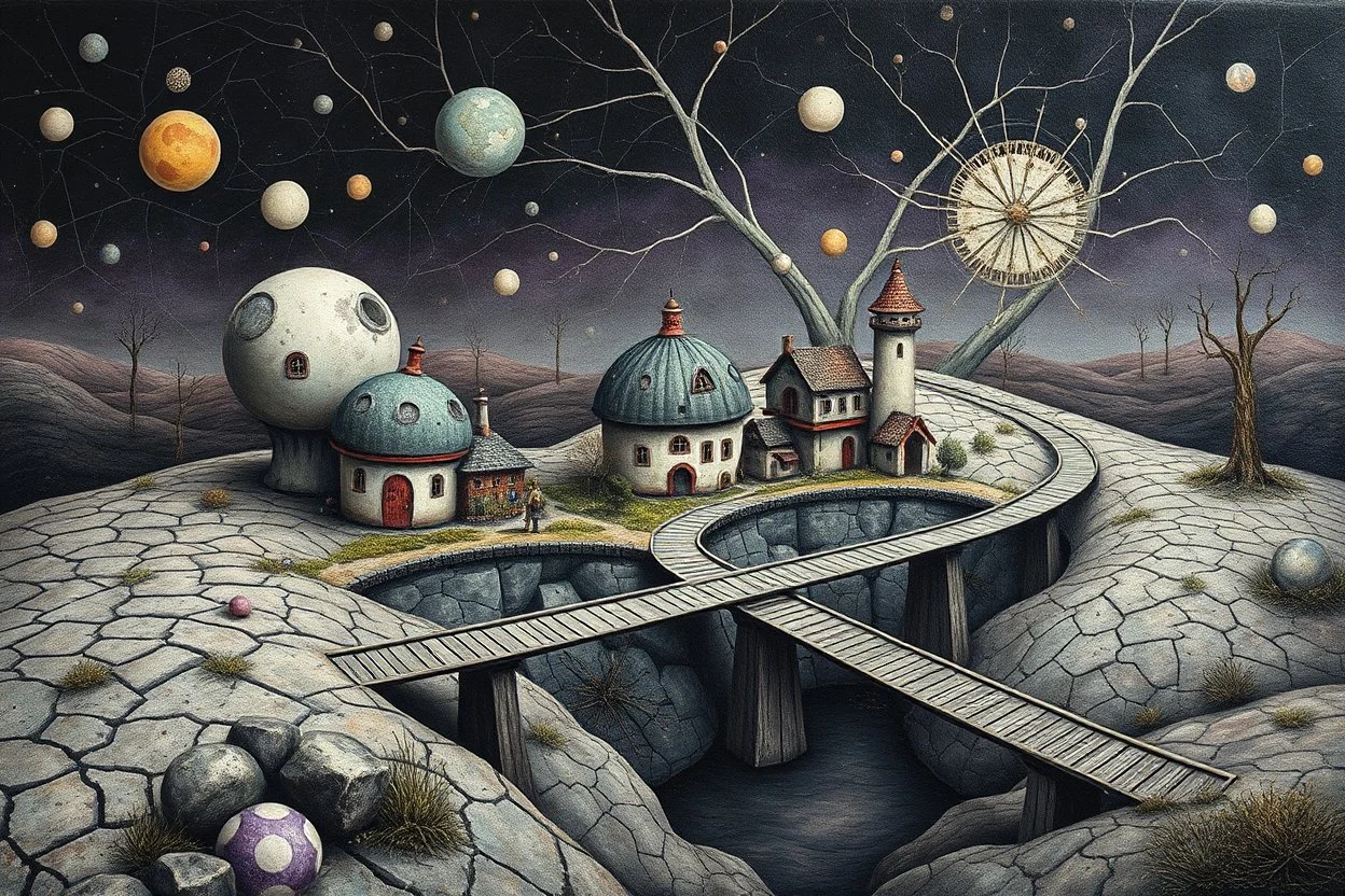 whimsical, weird ball-like houses stand in village in weird whimsical landscape with long bridges, , futur-surreal vibe with abstractions, around surreal cracked painted weird land with dark purple, gray, black, white, brown, and deep colors. style of Chagall , of Minjae Lee and Tim Burton, absurd beauty picture. weird bizarre absurd, nightmare, big neuron network background and thin bridges, surreal cinematic vibe