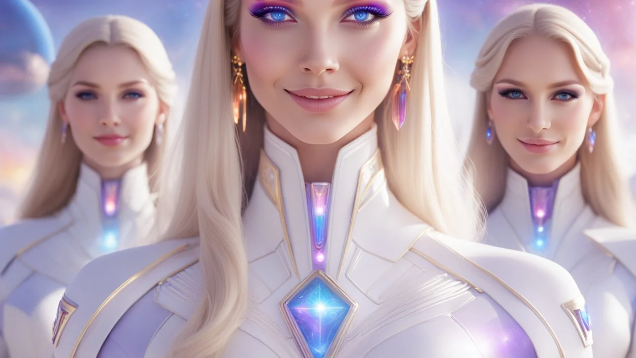 cosmic woman ,beautiful ufos rainbow, admiral from the future, galactic confédération, fine whole face, crystalline skin, expressive purple eyes,rainbow, smiling lips, very nice smile, costume pleiadian, Beautiful tall woman pleiadian Galactic commander, ship, perfect datailed golden galactic suit, high rank, long blond hair, hand whit five perfect detailed finger, amazing big puple eyes, mouth, high définition lips, cosmic happiness, bright colors