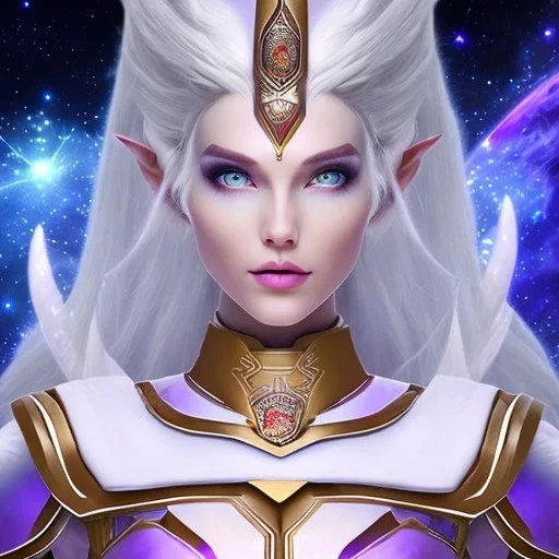 cosmic mage, elf, female, battle mage, epic, cosmic magic, long ears, white hair, face details, pale skin, jewellery, broad shoulders, sharp ears, cosmic clothes, cosmic eyes, ears shown, light out of eyes, the cosmos in eyes, stars in eyes, shining eyes, non human face, thin face, animation, detailed ears, magical eyes, non realistic, closed mouth