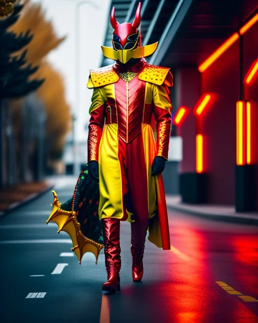 Dragonman futurista, hombre con antifaz, botas, color rojo y amarillo, 8k