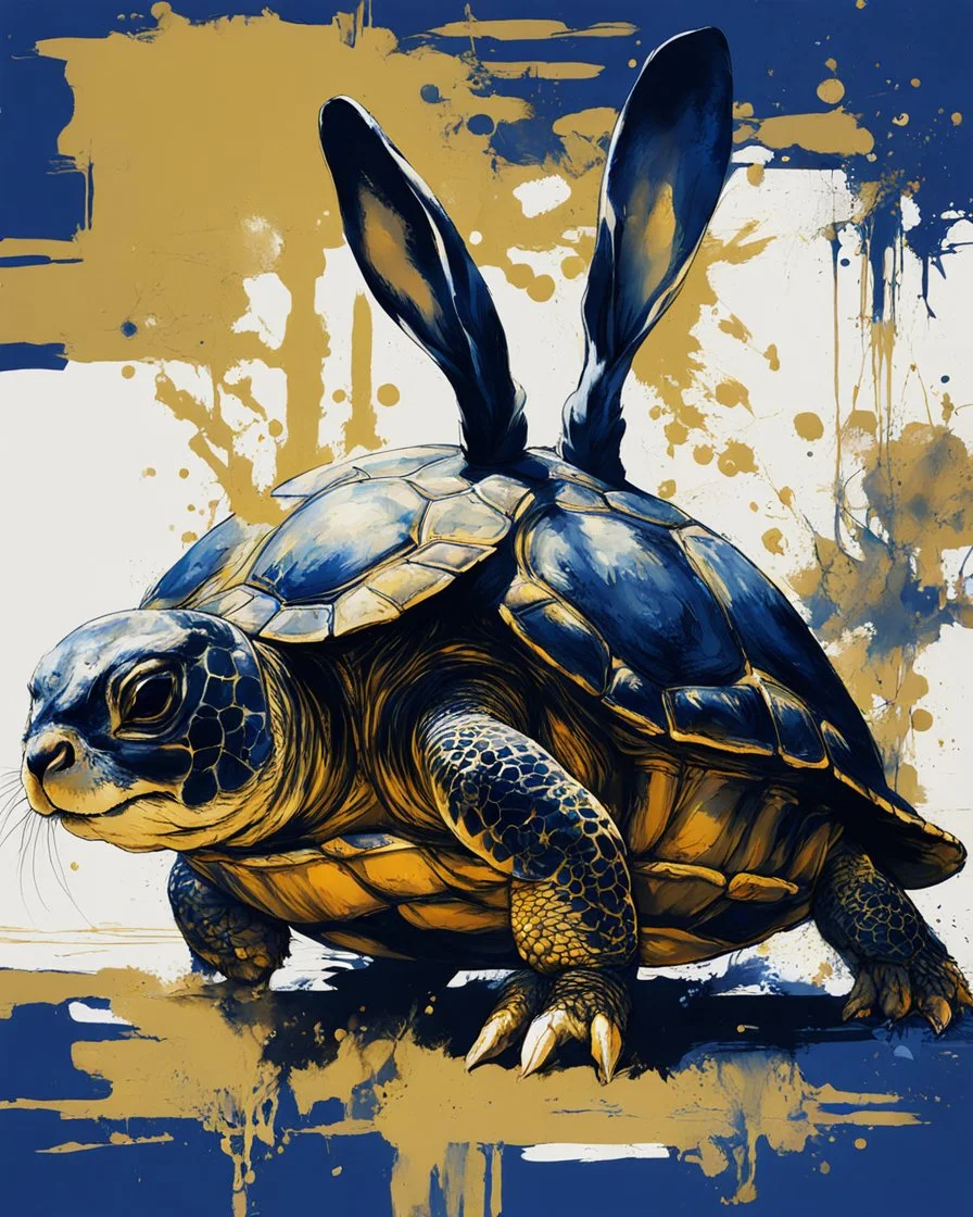 poster in two gradually, a one side Bunny darkblue and other side Turtle gold tones, painting by Yoji Shinkawa,