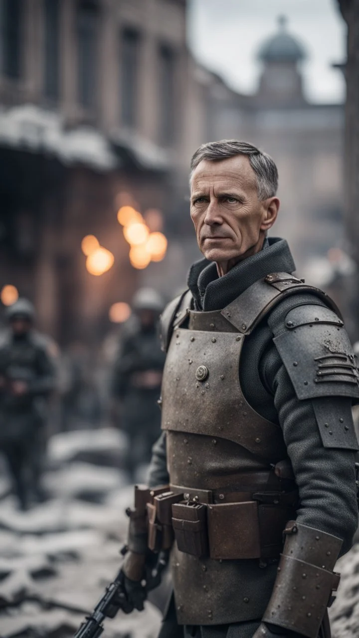 Jens Stoltenberg in armor in Stalingrad, bokeh like f/0.8, tilt-shift lens 8k, high detail, smooth render, down-light, unreal engine, prize winning