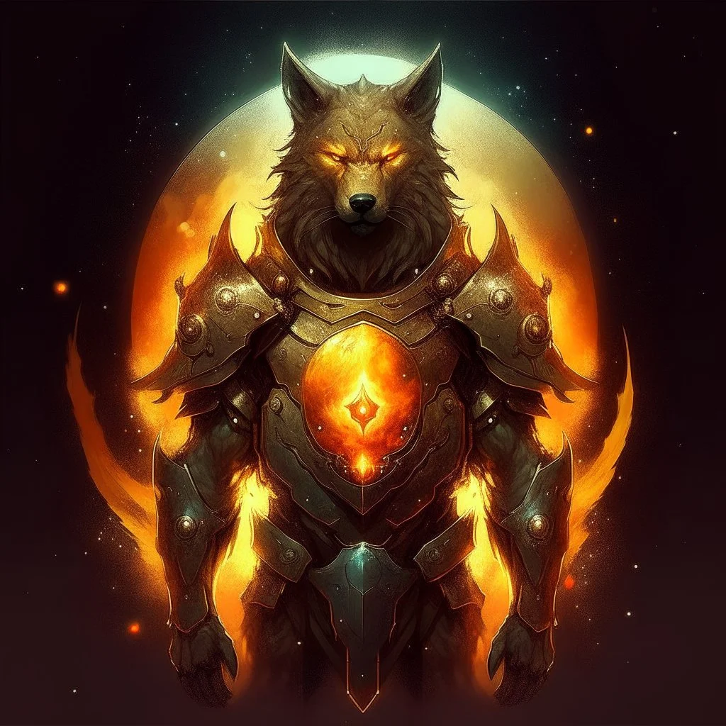 A terrible creature with a wolf's head and a human body,A shield made of fire and magic and the galaxy