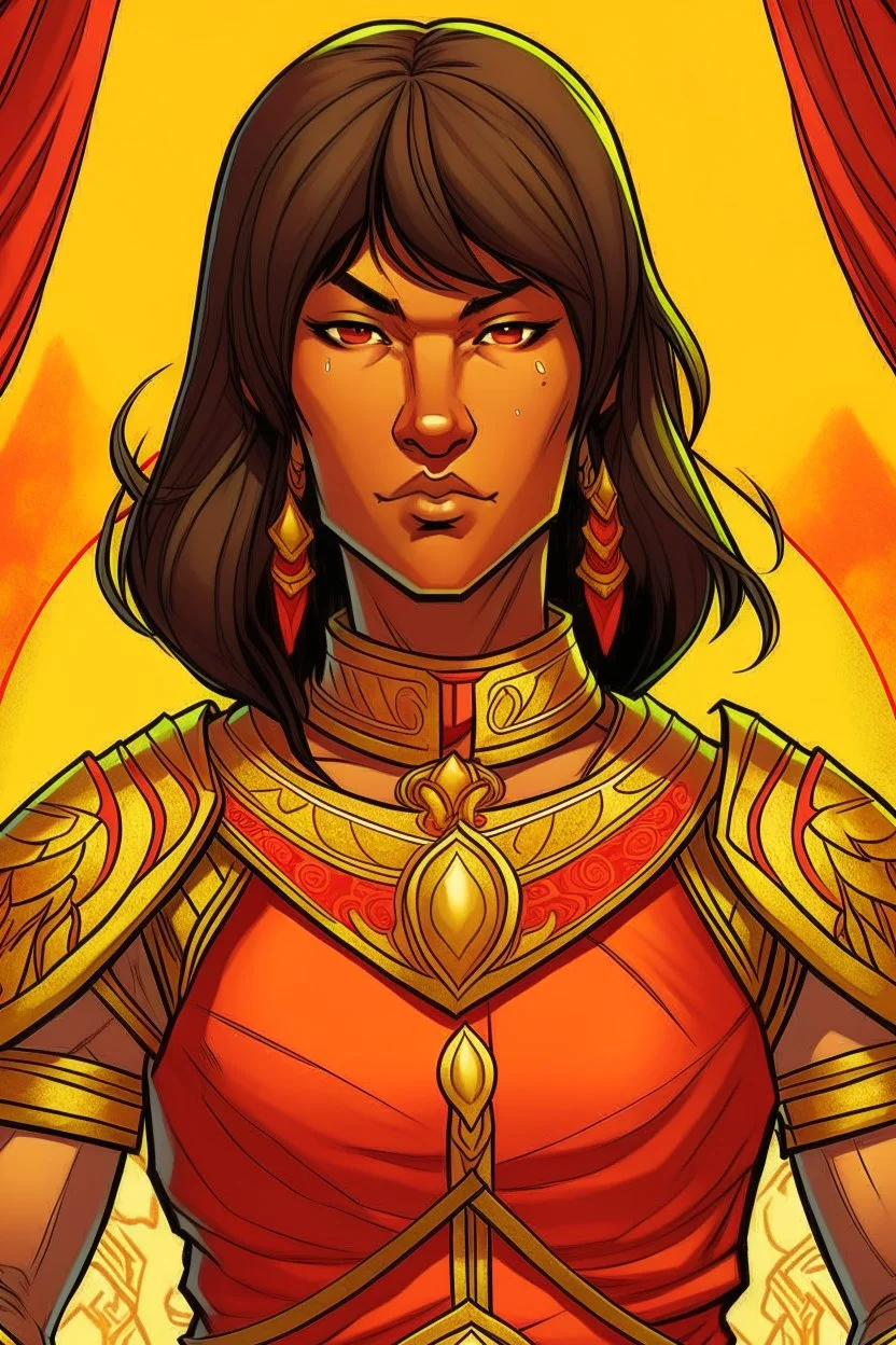 an anime drawing of a 40 year old thai woman. she looks middle aged. and has a stern look on her face. dark tan skin, toned and muscular. short in height. dark brown hair in a bob cut. she is wearing an armour over a beautiful thai gown. she has a sun themeing. and the color scheme is red and yellow. she is holding a shield and a sword