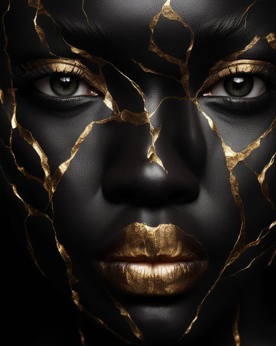 a beautiful black woman face made of kintsugi seam, photo realistic, 16K