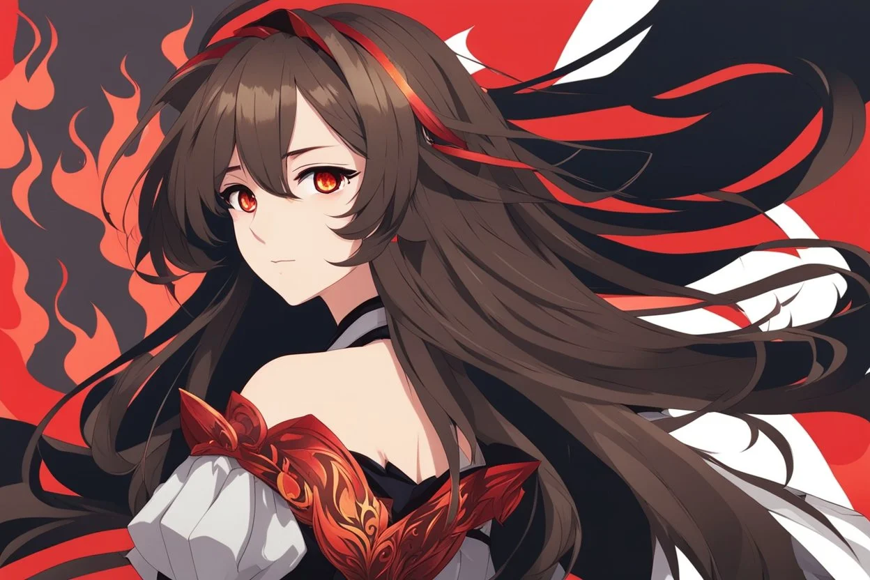 woman with long brown hair and red eyes from Genshin Impact, intricate background, intricate face, fire archon, anime style, dynamic composition