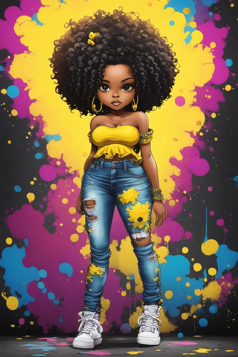 create a colorful abstract graffiti art image 8k of a chibi curvy black female wearing torn jeans pants and a yellow tie dye off the shoulder blouse. Prominent make up with hazel eyes. Highly detailed long tight curly afro in a hair wrap.