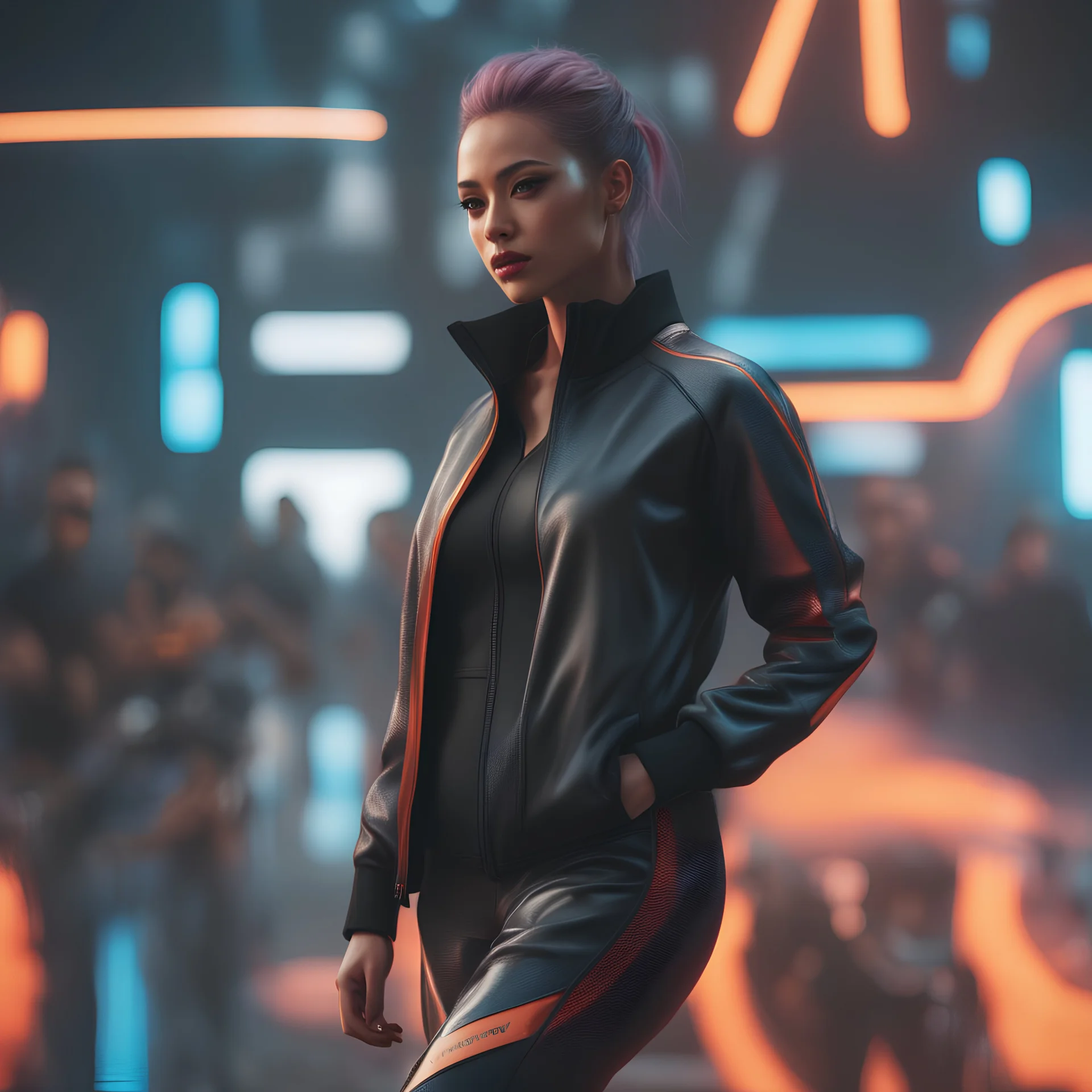 The picture is made in the cyberpunk style. Beautiful photo. Track suit. Clear photo. High detail. cinematic rendering with a high octane number, atmospheric, elegant, hyperrealistic, composition of micro-details, super-detailed character concept in 4K format with 8k detail, HD quality. --8k --4k