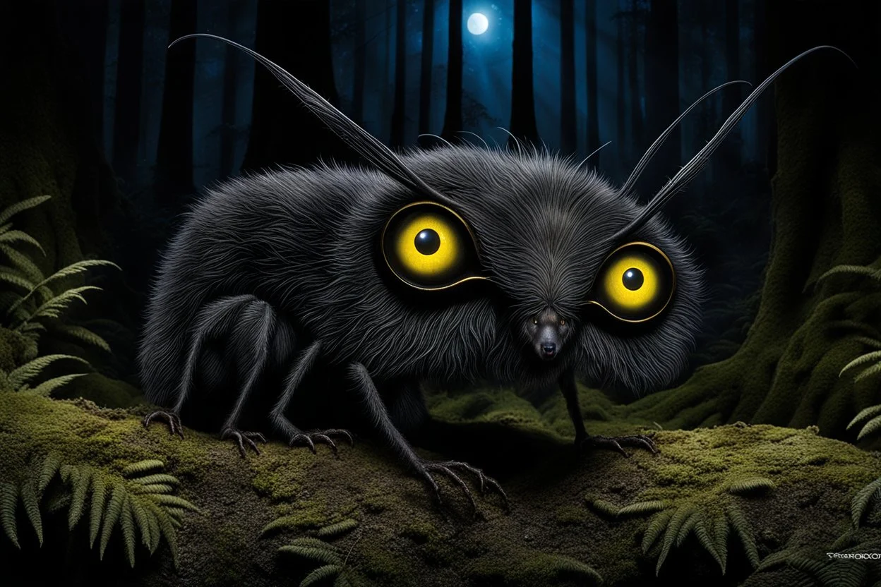 The nocturnal forest creature shown in the picture, the Nosferat, is able to find its way around in the dark (with its two large yellow glowing eyes). On its head, it wears elongated, dark ears and two thin antennae-like hairs, with which it can hear and recognize even the tiniest sounds. A (its body is slender, with smooth black-silver scales), so it can hide very well. It feeds on predatory forest animals and birds, and also sucks their blood. Its two front needle-like teeth help it suck blood