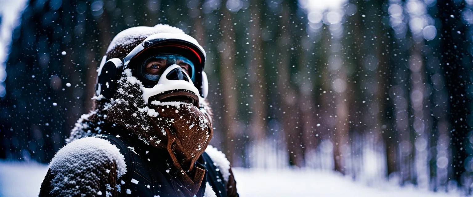 close up documentary photography, November 2050, Yeti, Bigfoot, Dystopian, Japanese, Extreme depth of field, bokeh blur, winter, blizzard, Alberta, all-natural, in the style of candid, imperfection, natural lighting, Professional shot, shot on Agfa, Fuji Film, Anamorphic lens --ar 4:5 --w 150 --style raw