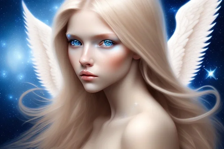 beautiful angel woman, blue eyes, blond long hair, stars