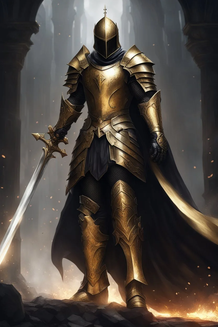 photorealistic holy knight paladin in very dark gold armor and a cape wielding a greatsword and no helmet in abyss