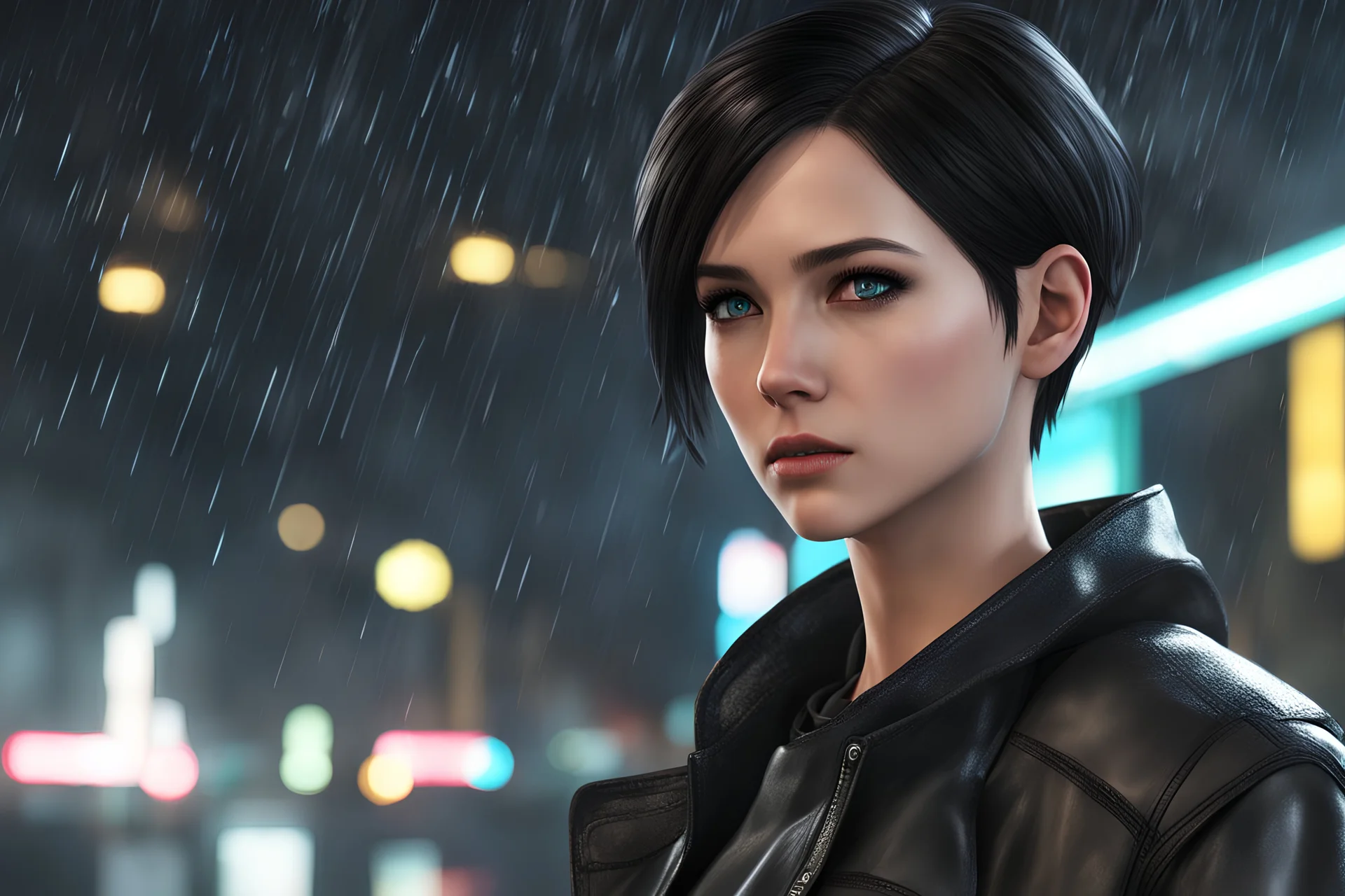 Carla in black short hair in 8k anime cgi artstyle, Detroit become human them, normal eyes, close picture, neon effect, rain, apocalypse, intricate details, highly detailed, high details, detailed portrait, masterpiece,ultra detailed, ultra quality