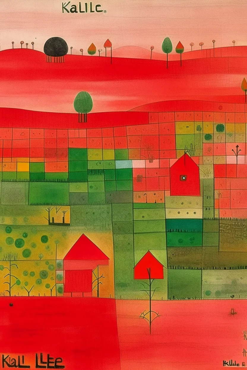A red farmland with bio life painted by Paul Klee