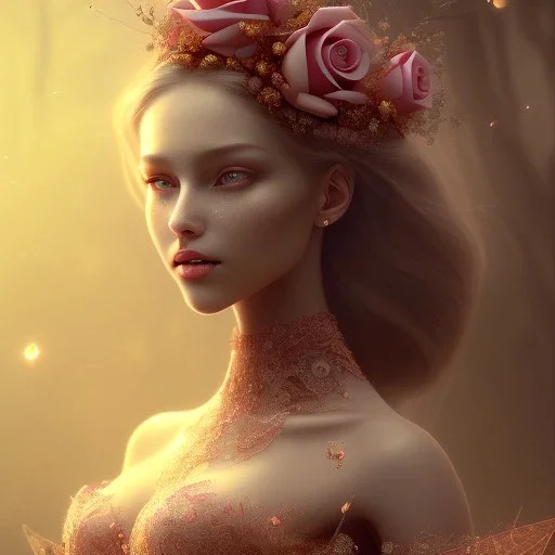 red rose beautiful girl smile,utra realistic,highly detailed, gold, pink, jewels, lace, masterpiece, delicate detailed, sharp focus, insanely detailed, fantasy art, intricate detailed, elegant, fog, Special Lighting, Vibrant, color Scheme, forest, unreal engine 5, trending on artstation