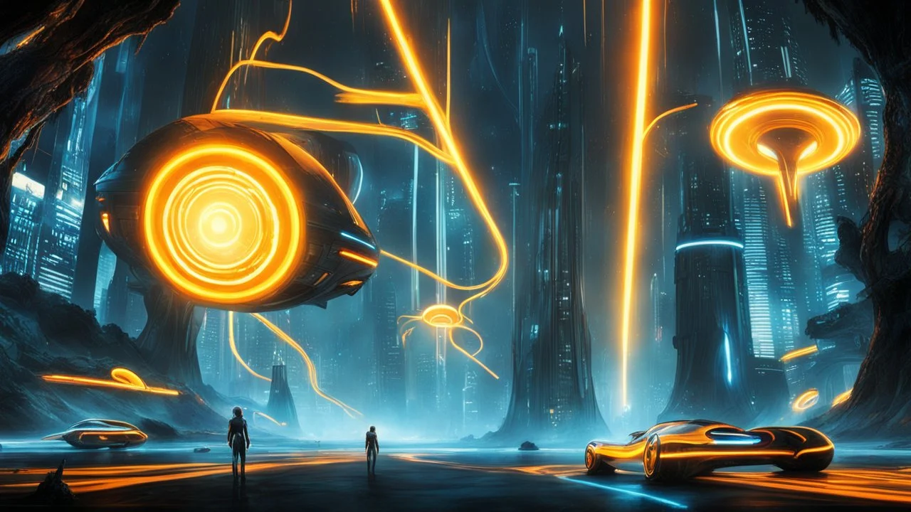 tron legacy movie, creatures,, space ships, city of the future, trees , forest, yellow, blue, red, orange