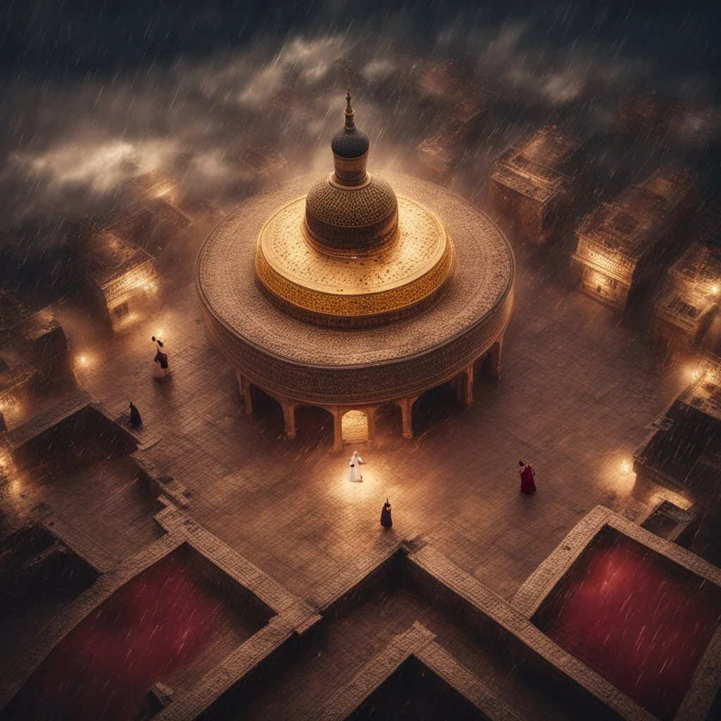 Hyper Realistic photographic-aerial-view Sufi Whirling with Golden & Maroon Islamic Sufi Rustic Grungy Background with thunderstorm at heavy rainy night outside an ancient Islamic architectural building showing dramatic & cinematic ambiance.