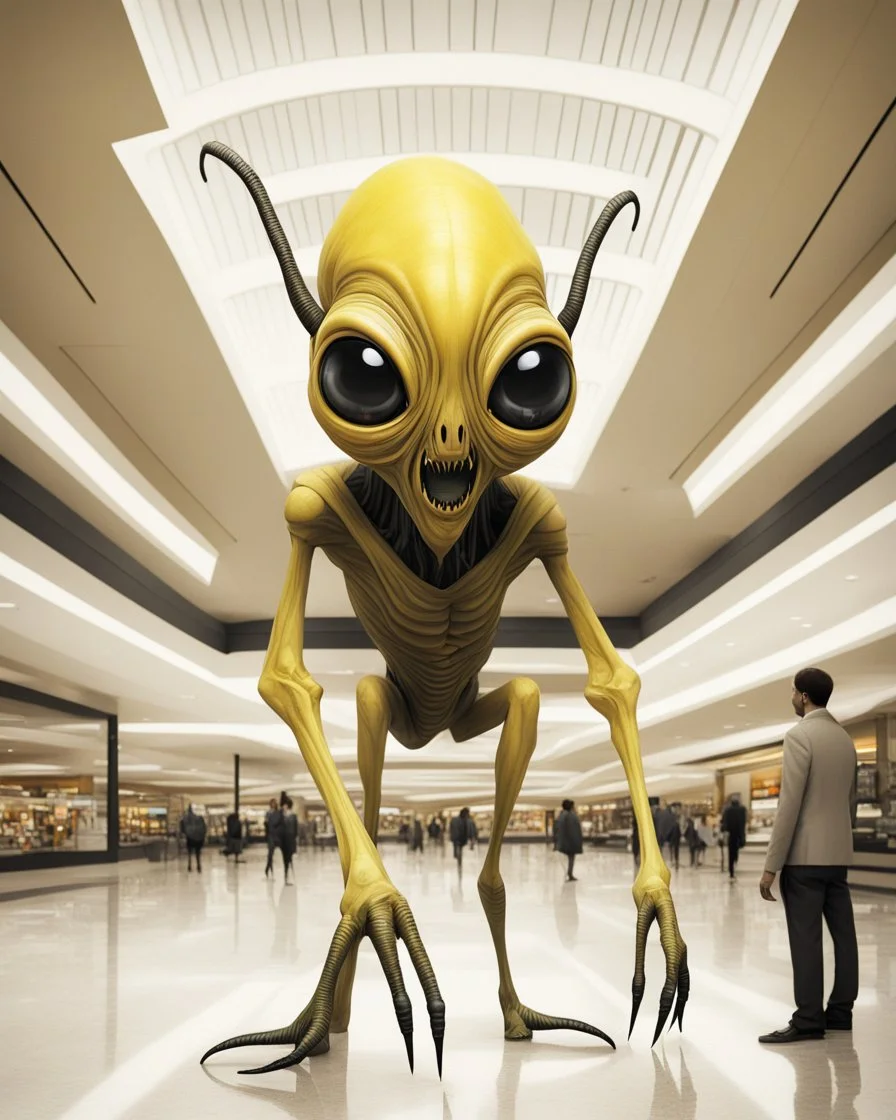 Distorted large yellow insectoid alien black eyes, in a mall, sci-fi art, graphic design, digital illustrated scene, alien art, high strangeness, absurdist, cartoonists