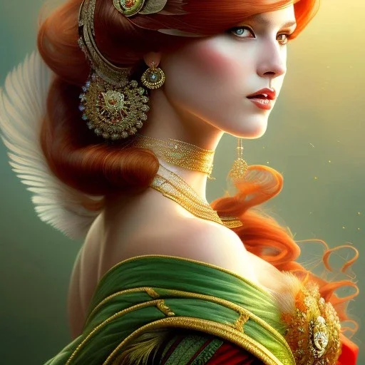 woman, feathers, 50th century, dress, red hair, green dress, elegant, whimsical, portrait, fantasy, highly detailed, digital painting, artstation, concept art, sharp focus, illustration, art by artgerm and greg rutkowski and alphonse mucha