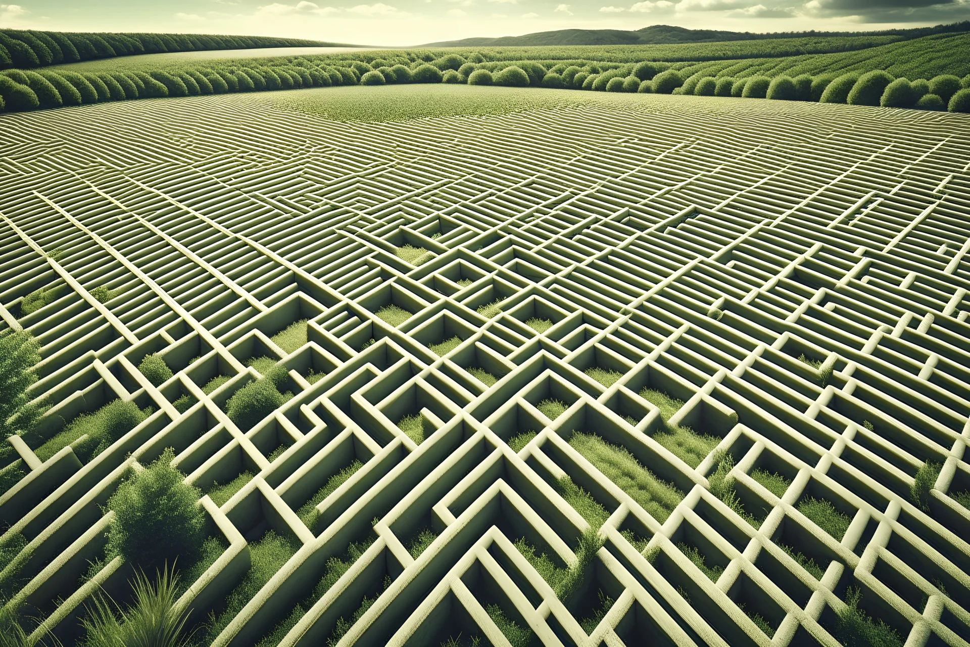 man lost in a maze made out of bureaucratic documents. London and the green bountiful hills of England are at the end of the maze, very distant and far away.