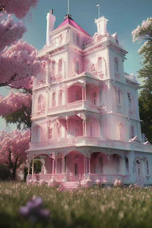 Victorian white house with pink flowers, in the style of Camilla d'Errico, hyper detailed, beautiful, complex, trending on artstation, cinema4d, cryengine, national geographic photo, chiaroscuro