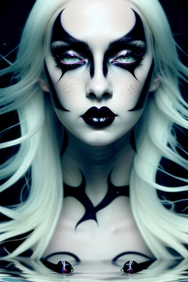 A beautiful Goth girl, dark black makeup, dark under eyes, white hair, action image of her braking water surface, freedom, dramatic, highly detailed, 8k, abstract