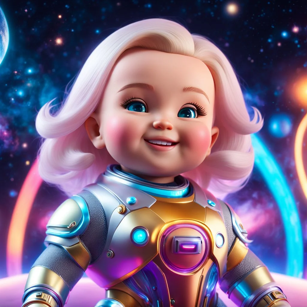 (masterpiece, best quality, 8k, RAW photo, beautiful and aesthetic:1.2), complex detail, Indirect light, photorealistic, (((full body))), Cosmic Boss Baby style smiling, Long clear curvy hair, colorfull Sci-Fi environment