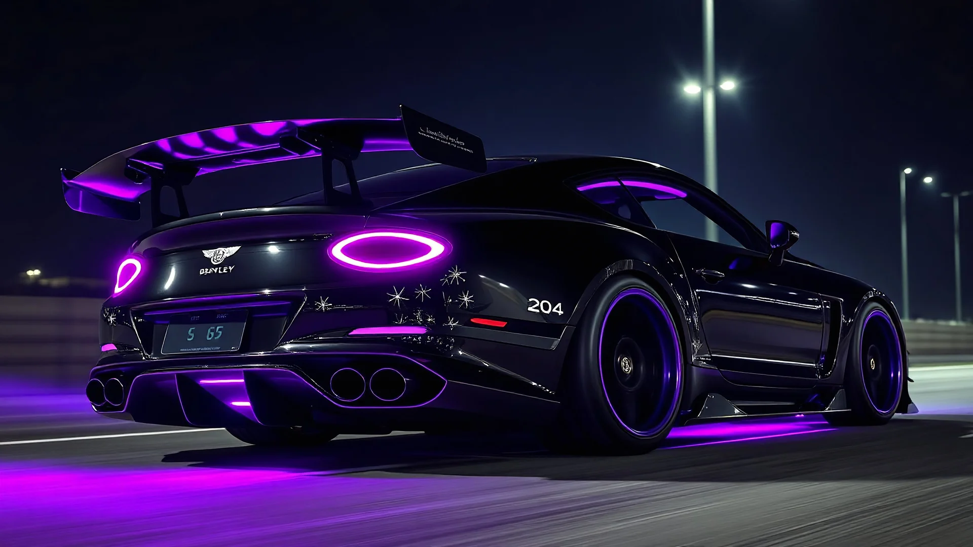 "A heavily customized bentley continental GT 2024 in a super dark, solid black finish. It features a huge purple racing wing, purple underglow lighting, and purple accents on the exhaust tips, all shimmering under the night sky. The car sits on purple street race wheels, emphasizing its aggressive look. The scene is set in a wide, showcasing the car going fast in movie scene from a rear view and highlighting the striking contrast between the dark vehicle and its vibrant purple details."