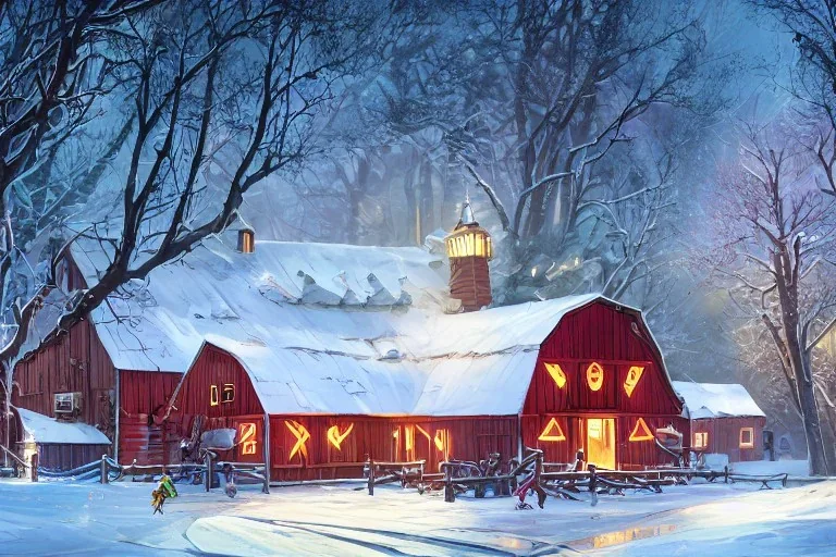 A 3D scene of a barn, December, snow, Disney, Pixar, Dreamworks, Behance, Artstation, C4D, fun, cute, colorful