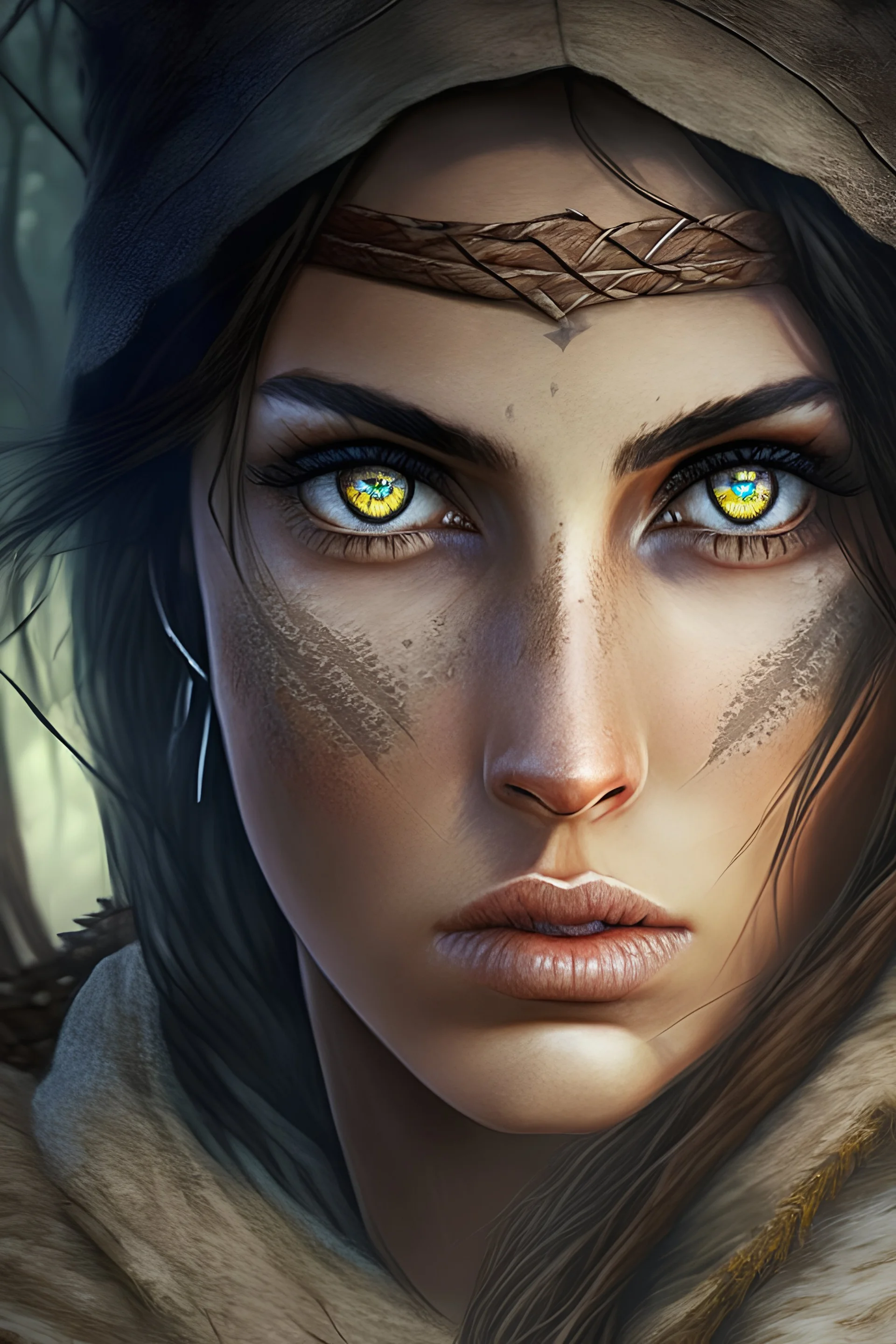 medieval huntress, beautiful eyes, buxom, camp background, realistic